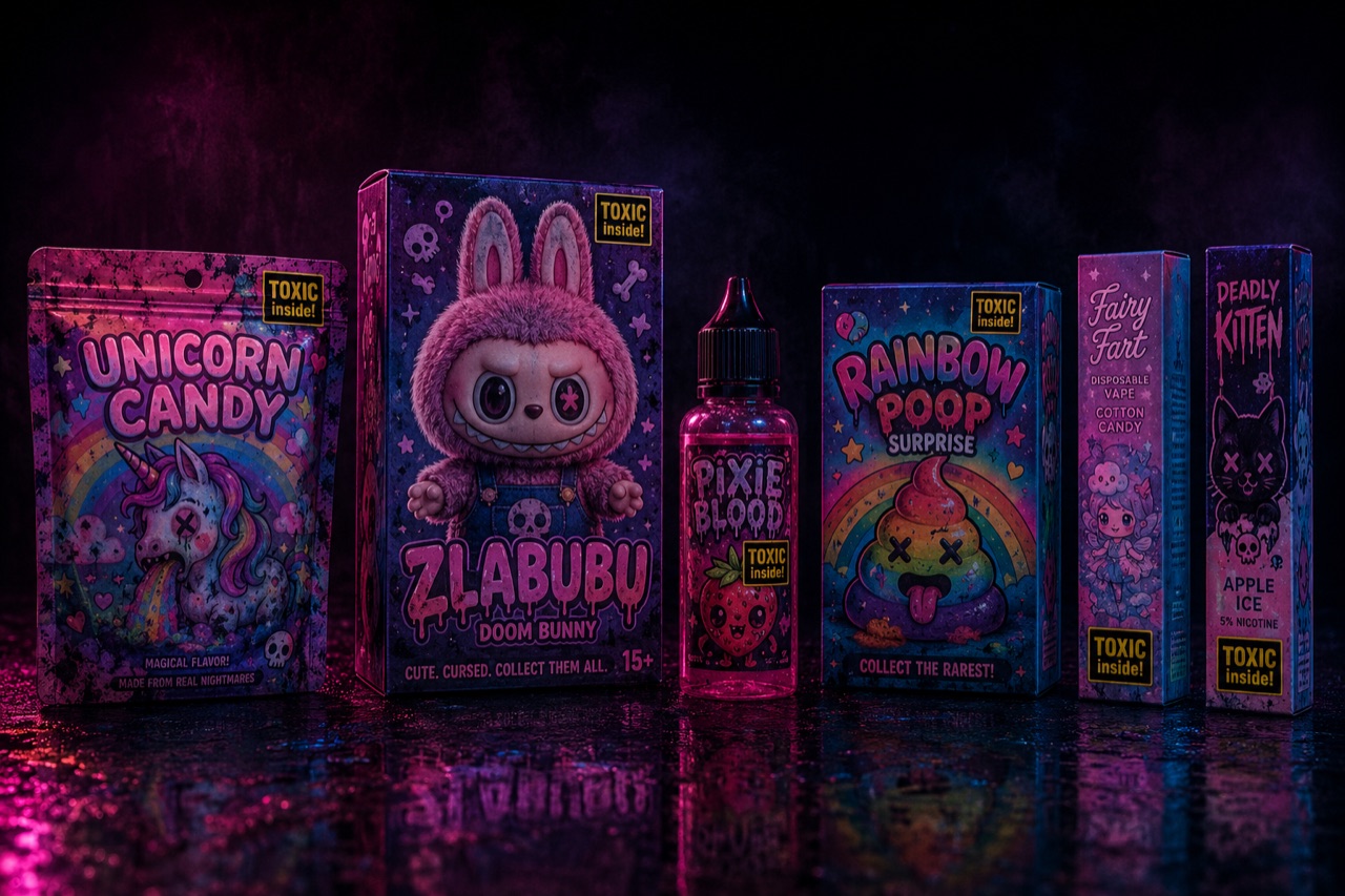 Paródie obalov nehračiek — „UNICORN CANDY“, „ZLABUBU“, „RAINBOW POOP“ a ďalšie s nálepkou „TOXIC inside!“ v neónovom svetle.