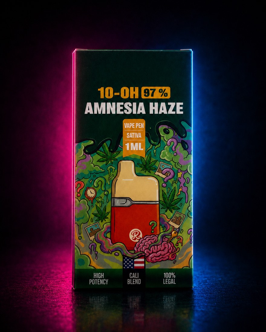 Krabička „10-OH Amnesia Haze“ s vape penom, kreslenými motívmi a nápismi „high potency“, „cali blend“, „100% legal“.