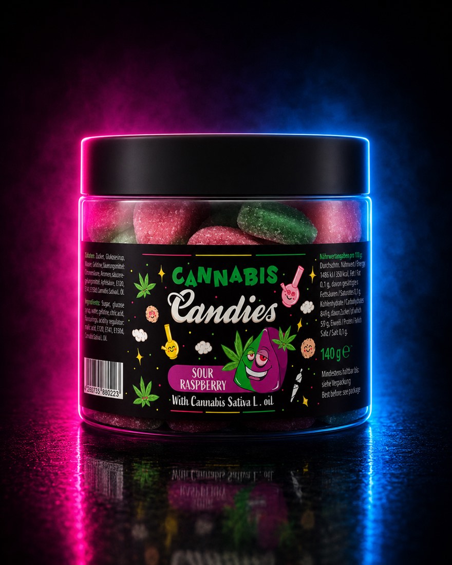 Dóza „Cannabis Candies – Sour Raspberry“ s ovocnými želé cukríkmi, kreslenými motívmi a nápisom „with Cannabis Sativa L. oil“ v neónovom svetle.