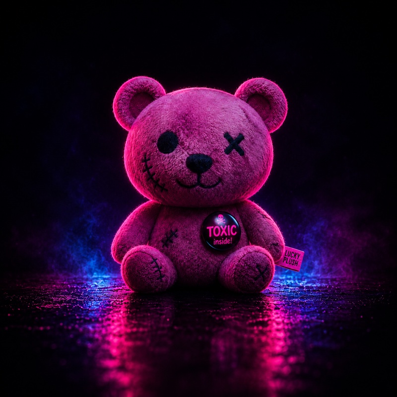 Ružový plyšový medvedík „LUCKY PLUSH“ s mŕtvym X okom a nálepkou „TOXIC inside!“.
