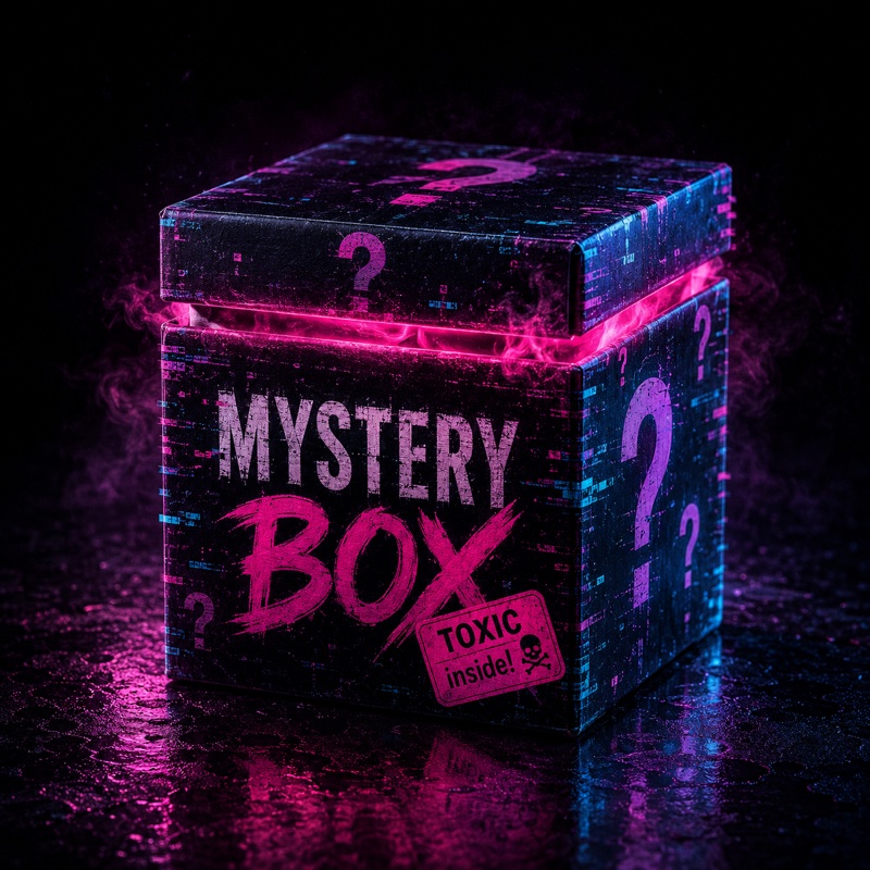 Glitchová krabica „MYSTERY BOX“ s otáznikmi a nálepkou „TOXIC inside!“.