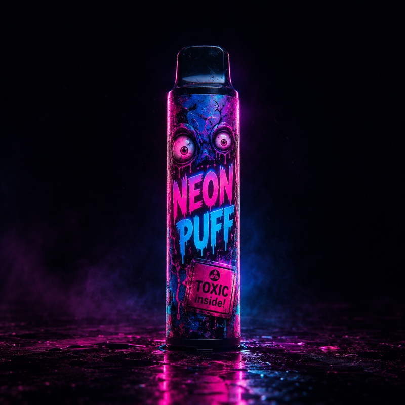 Farebná jednorázová vapka „NEON PUFF“ s creepy očami a nápisom „TOXIC inside!“.