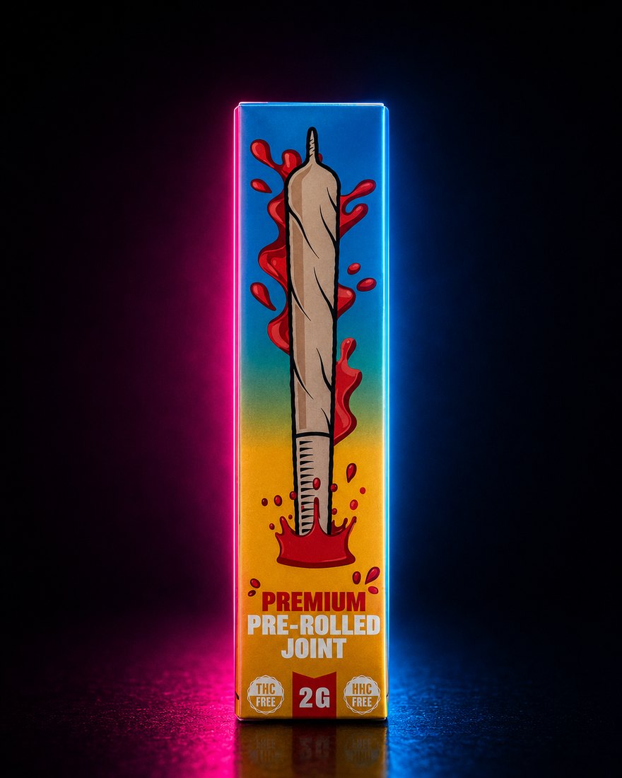 Farebná škatuľka „Premium Pre-rolled Joint“ s vyobrazením jointu v neónovom svetle.