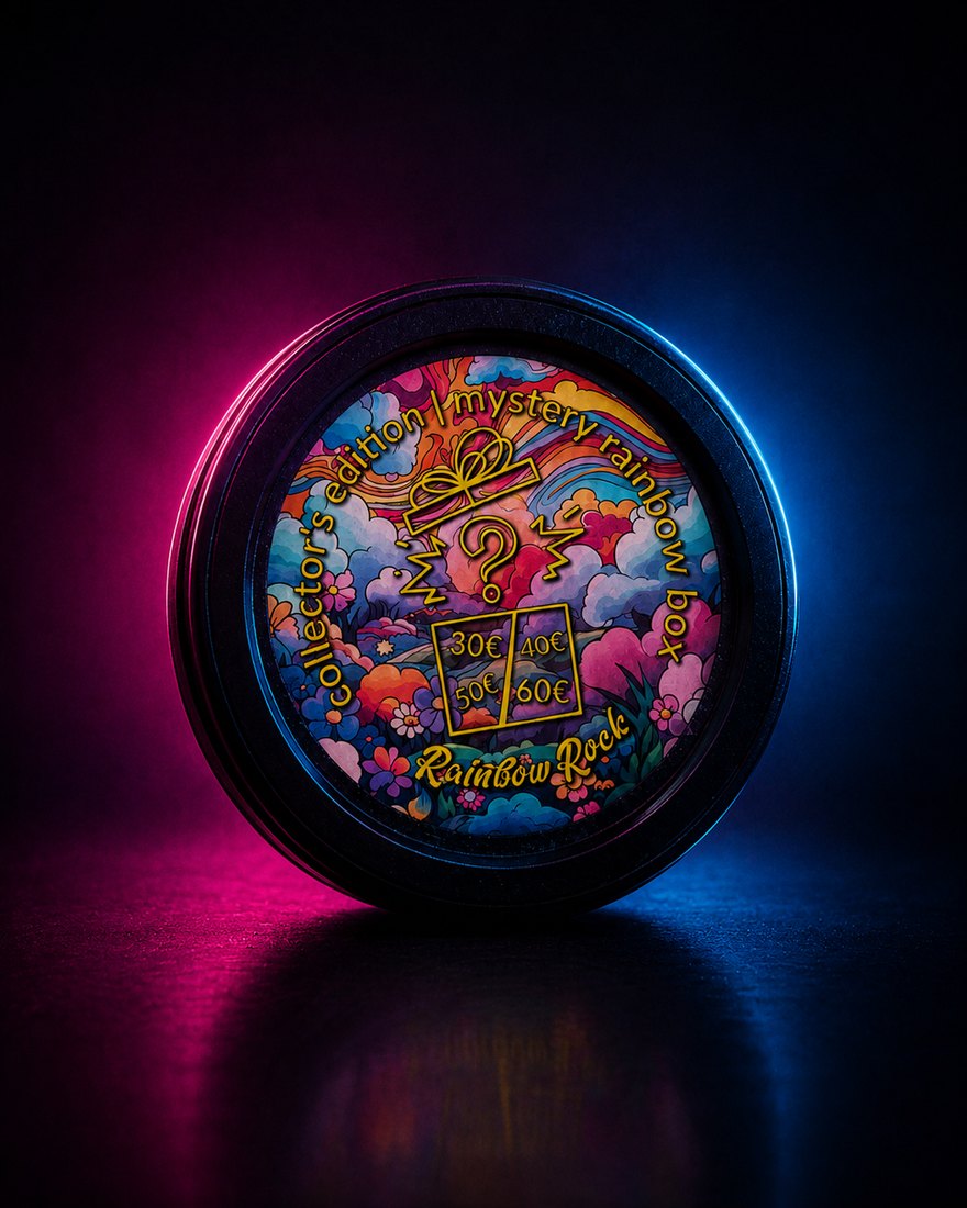 Plechová krabička „Rainbow Rock“ s farebným kreslením a nápisom „collector tiny strong rainbow box“ v neónovom svetle.