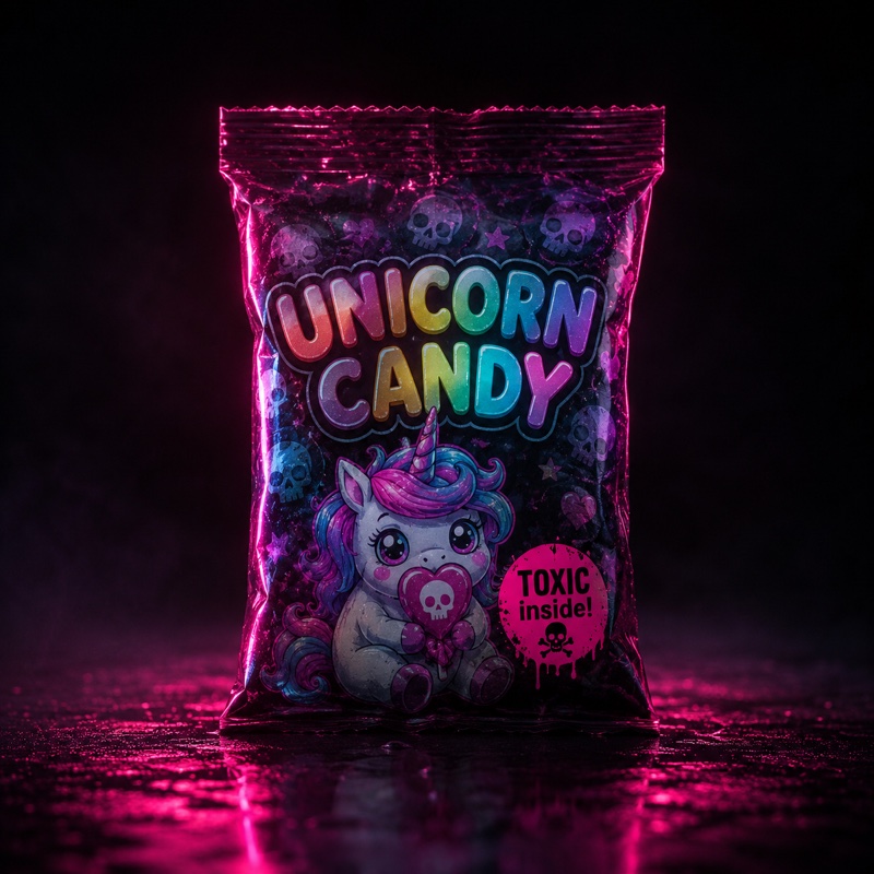 Paródia obalu cukríka „UNICORN CANDY“ s lebkami v pozadí a nálepkou „TOXIC inside!“.